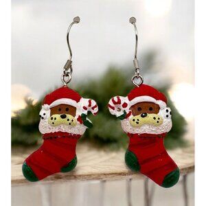 Santa Bear Christmas Stocking Earrings Dangle Red with Glitter Accents